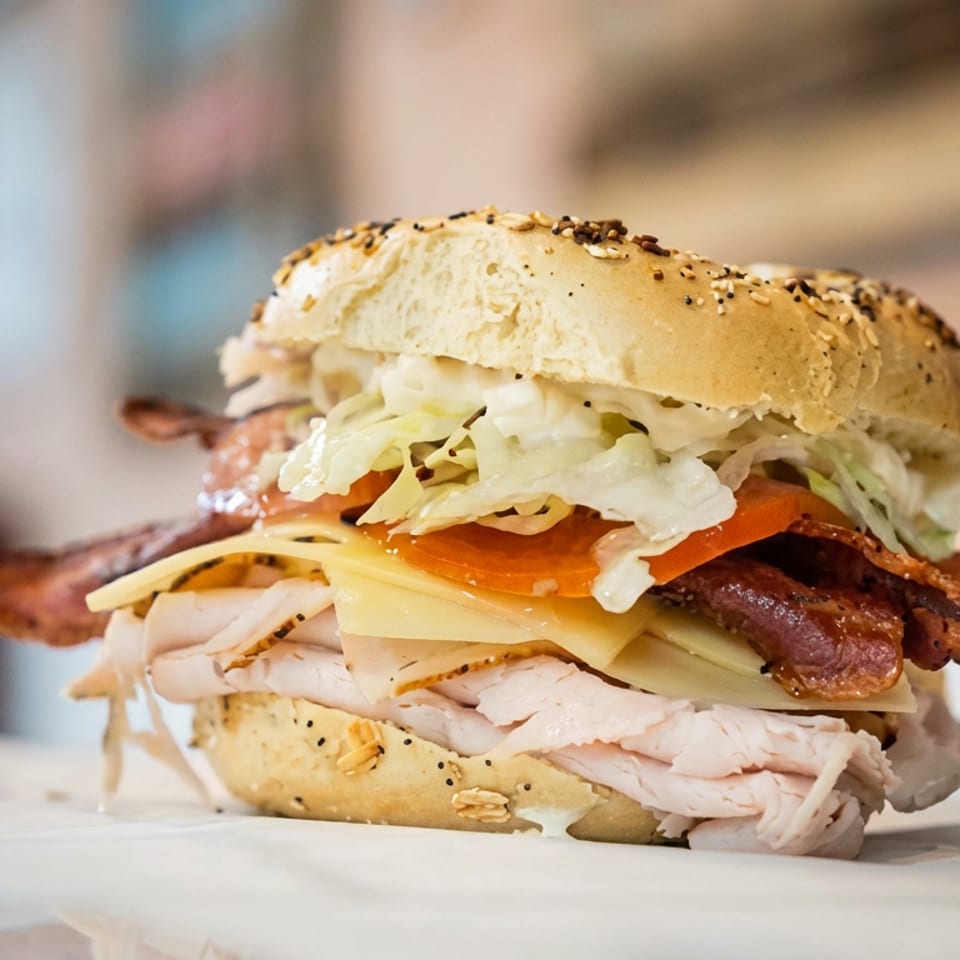 Stacked deli sandwich on a seeded roll with turkey, cheese, bacon, tomato, and shredded lettuce.
