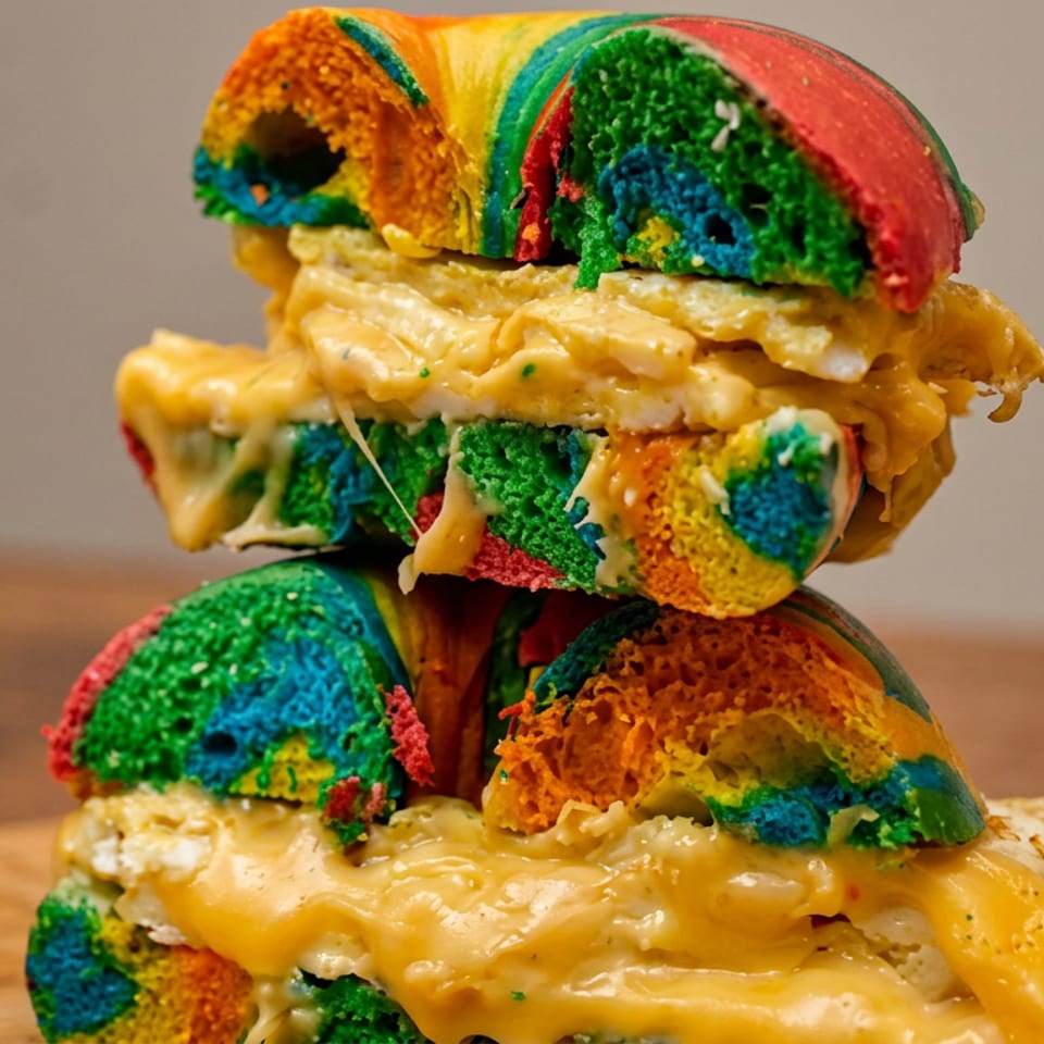 Tower of colorful rainbow burger buns layered with melted cheese on a wooden table.